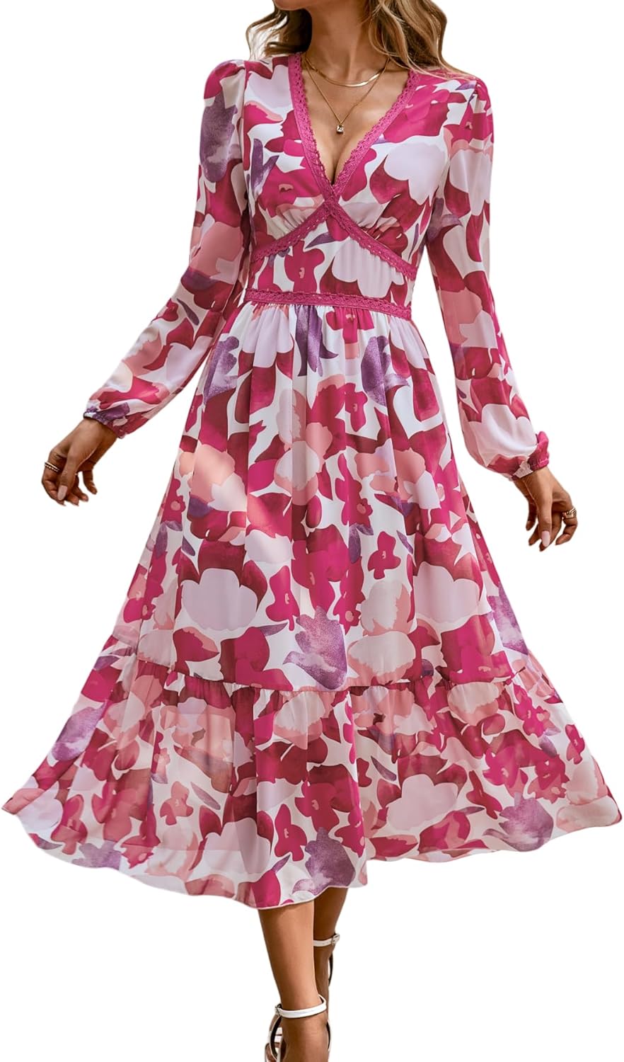 Rose V Neck Long Sleeve Wrap Maxi Dress Chiffon A871864
