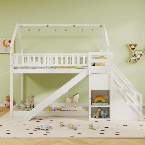 White Wood Bunk Bed Twin Over Twin with Slide & Stairs D9083
