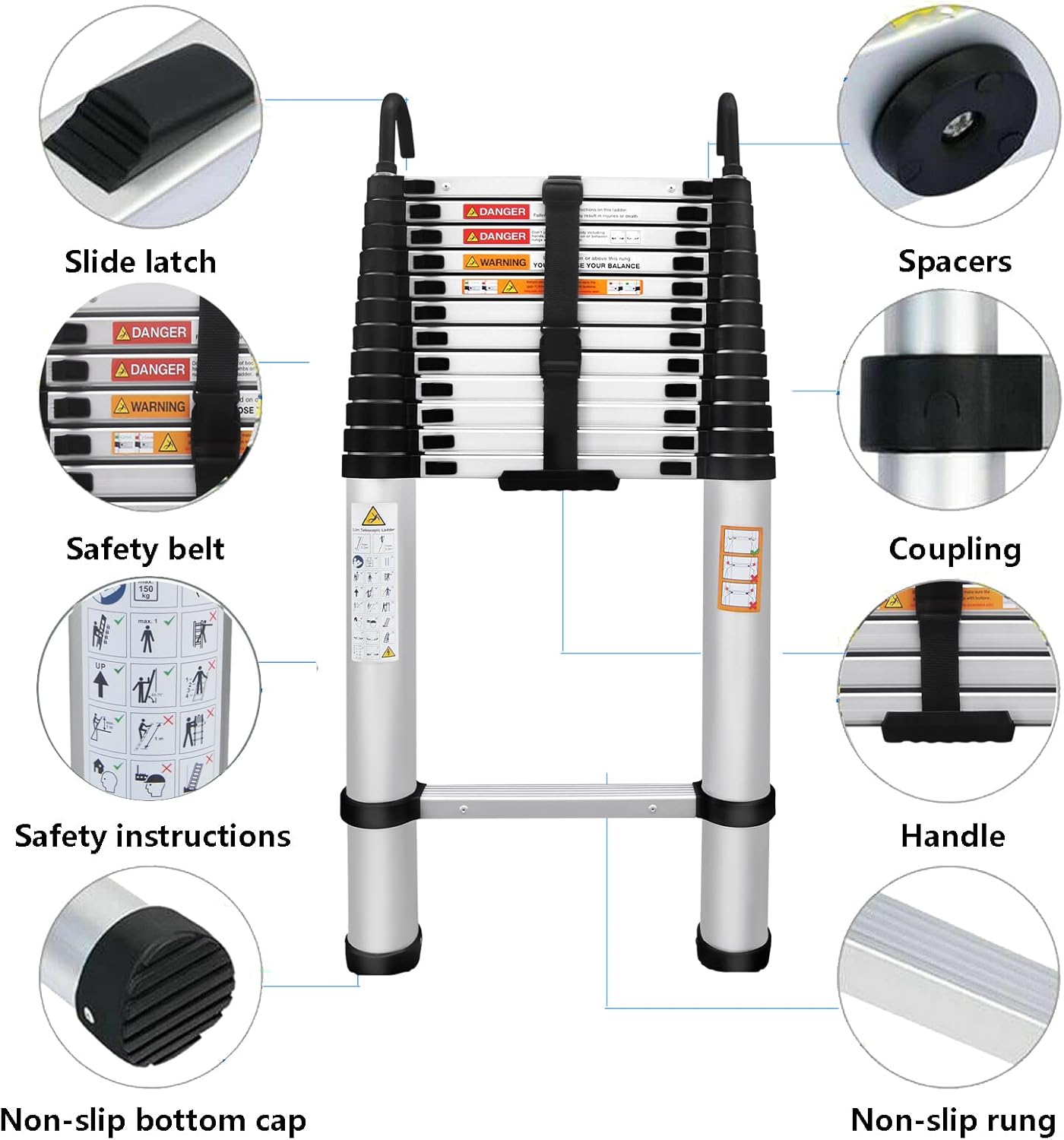 16FT Aluminum Telescoping Extension Ladder with Roof Hooks N884