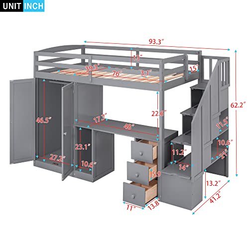 Twin Size Solid Wood Loft Bed with Desk and Stairs H201