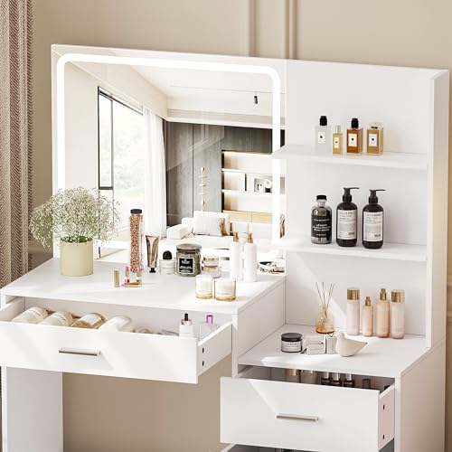 White Makeup Vanity with Lighted Mirror and 4 Drawers H142050