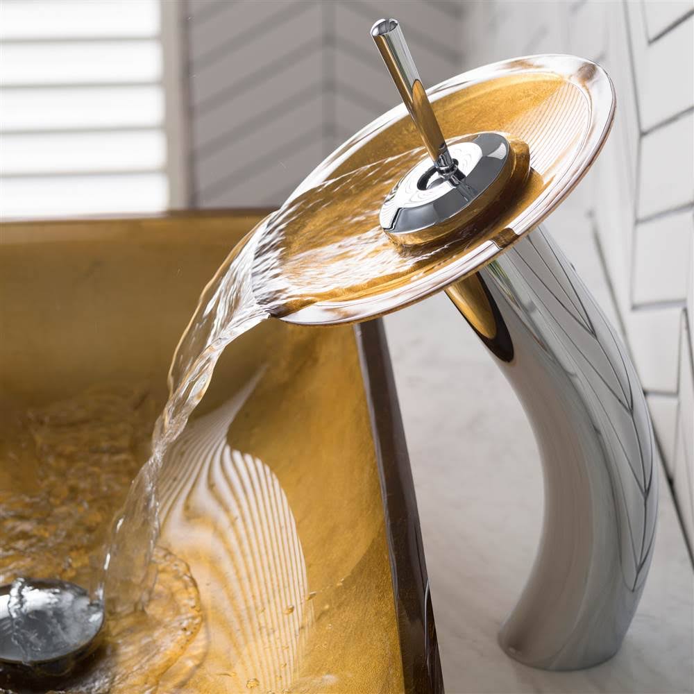Golden Pearl Rectangular Glass Vessel Sink and Waterfall Faucet J67653