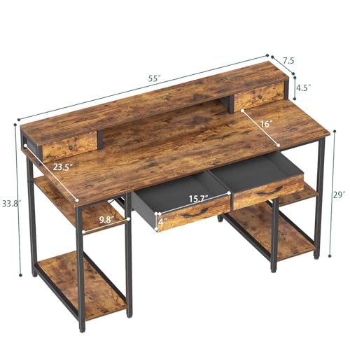 55 Inch Computer Desk with Monitor Shelf, 4 Drawers, Brown S32303