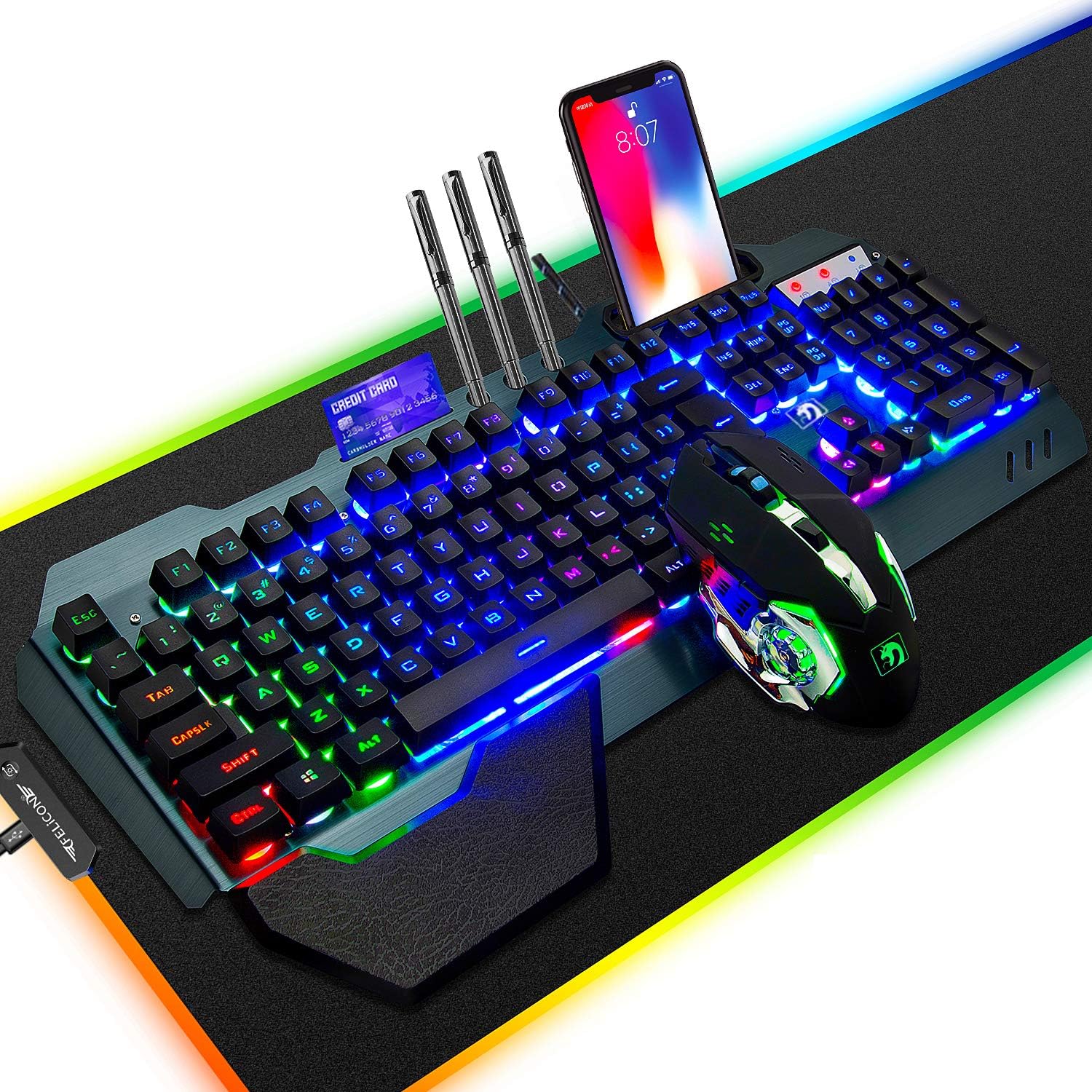 Wired Game Keyboard and Mouse Combo with RGB LED Backlit Mechanical Feel Keyboard and 6 Button 3200 DPI Mice and Large RGB Mouse Pad U13082