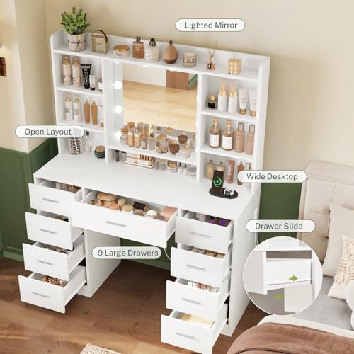 White Vanity Desk with 9 Drawers and Mirror L5872
