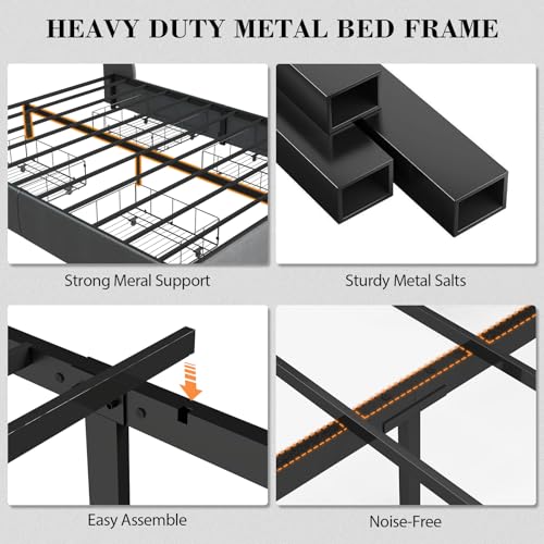 Gray Queen Upholstered Platform Bed Frame with 2 Storage Drawers and LED Light D12587